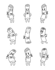 Cute papyrus character. Coloring Page. Kawaii paper roll different poses and emotions, love, joy, sadness, anger. Vector drawing. Collection of design elements.