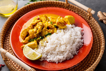 Chicken in curry sauce and rice on gray background, Indian food close up