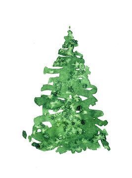 Watercolor christmas tree isolated on the white background. Hand-drawn illustration