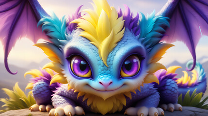 adorable and fluffy magical baby dragon big color eyes