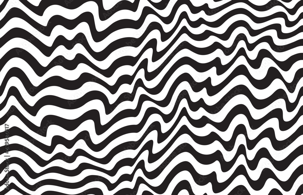 Poster Background with wavy lines. Twisted duo tone backgrounds. Abstract pattern from lines, halftone effect. Black and white texture. Minimalist design template for poster, banner, cover, postcard.	