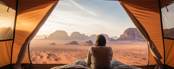 Man sitting in tent at adventure trip high in desert mountains.