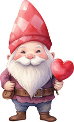 Valentine gnome holding a single watercolor heart on a white background.