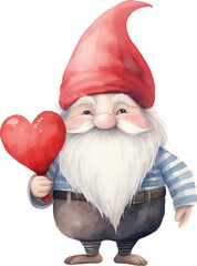 Valentine gnome holding a single watercolor heart on a white background.