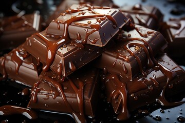 Chocolate pieces dipped in chocolate syrup - obrazy, fototapety, plakaty