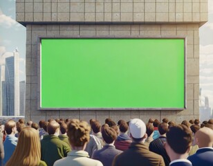 green screen billboard on wall in futuristic city with many people viewing with space for text.