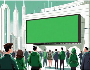  Green screen billboard on wall in futuristic city with many people viewing with space for text.