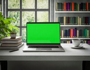  laptop green screen on a bookshelf in an office; concept of work at home