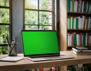  laptop green screen on a bookshelf in an office; concept of work at home