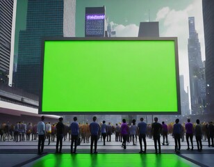  Green screen billboard on wall in futuristic city with many people viewing with space for text.