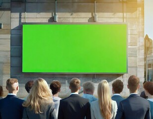 green screen billboard on wall in futuristic city with many people viewing with space for text.