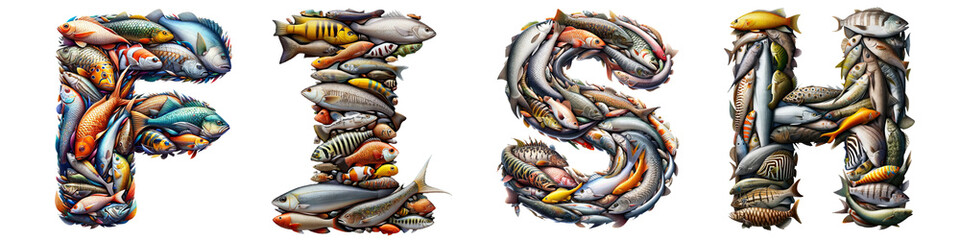 The word FISH built with various fish