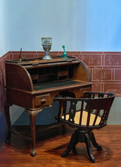 cylinder desk, Mahogany roll top writing table. Ancient table and chair