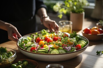 Vegetable salad in a large salad bowl on the kitchen table. Woman preparing vegetarian food