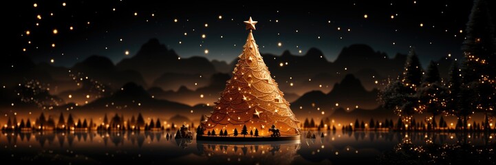 In this wide-format Christmas abstract background, a miniature Christmas tree with a star takes center stage against a landscape adorned with stars in the background. Photorealistic illustration
