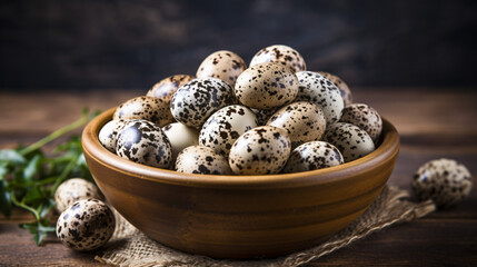 Fresh quail eggs close up. Quail eggs in a clay bowl - obrazy, fototapety, plakaty