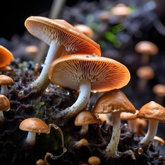AI generated illustration of a cluster of mushrooms growing in a damp, dark environment