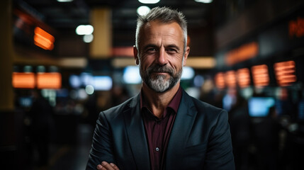Obraz premium confident handsome businessman on the stock exchange, stylish man, guy, office, banker, work, financier, broker, investor, portrait, face, suit, financial sector, corporation, boss, director, manager