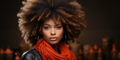 Afroamerikanisches Model Gesicht in super modernen Designer Outfit mit fantastischen Makeup und grandioser Hipp Frisur im Afrolook Querformat, ai generativ - obrazy, fototapety, plakaty
