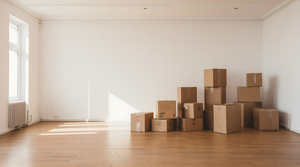 Une pile de carton pour un déménagement dans une pièce vide d'un appartement à Paris. - obrazy, fototapety, plakaty