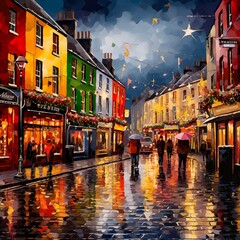 Oil painting of Galway markets and pubs in night