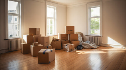 Des cartons de déménagement dans un pièce vide.