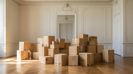 Une pile de cartons de déménagement dans une pièce vide avec un parquet chevron. - obrazy, fototapety, plakaty
