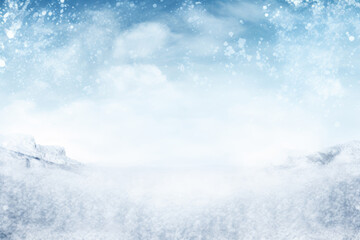 Winter snowy blurred defocused blue background with copy space. Flakes of snow fall. Festive Christmas and New year background - obrazy, fototapety, plakaty