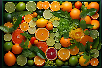 Lebensmittel
 knolling. Gesunde natürliche Bio-Lebensmittel. Frisches Obst Zitrusfrüchte. 
 knolling Zusammensetzung. Flat Lay Ansicht von Lebensmitteln