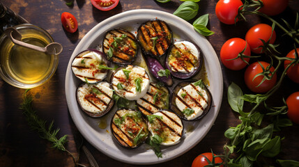From above of yummy appetizers with fresh eggplants