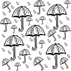various umbrellas and blue rain drops on white background