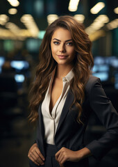 beautiful young business woman on the stock exchange, stylish girl, lady, office, banker, work, financier, broker, investor, portrait, face, suit, financial sector, corporation, boss, director, manage