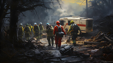 Emergency medical team at disaster zone - obrazy, fototapety, plakaty