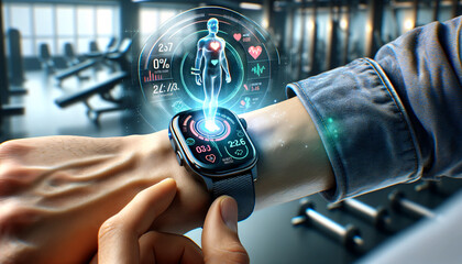 Smartwatch with Holographic Health Interface in Gym - obrazy, fototapety, plakaty