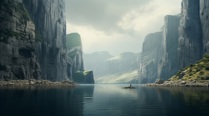 A lake surrounded by steep cliffs - obrazy, fototapety, plakaty
