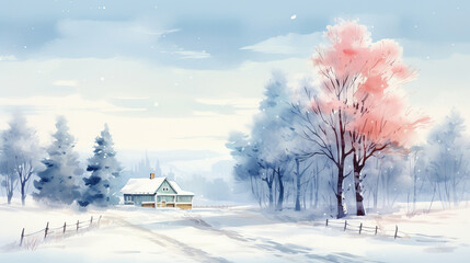 A winter landscape of a house in the forest, watercolor painting