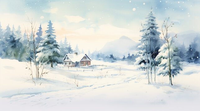 A winter landscape of a house in the forest, watercolor painting