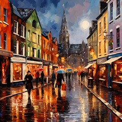 Oil painting of Galway markets and pubs in night - obrazy, fototapety, plakaty