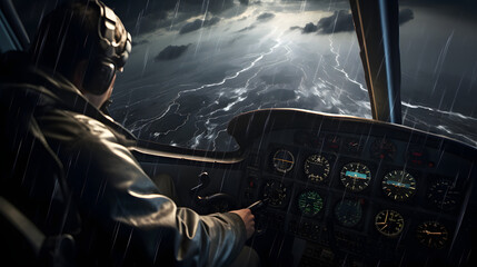 Pilot navigating small plane in turbulent weather