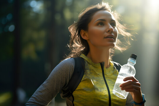woman in a running costume drinking water