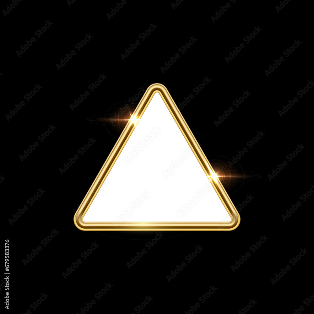 Poster 3d plate button of triangle shape with golden frame vector illustration. realistic isolated website 