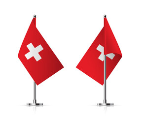 Flags of Switzerland on pole vector illustration. 3D realistic flagpoles on mini steel vertical stands, isolated desktop flagstaff, red and white cross swiss flags on metal sticks
