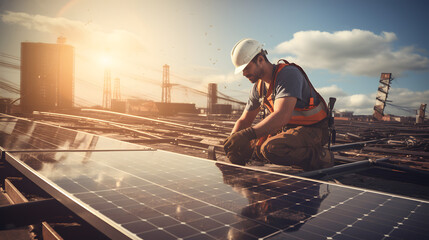Construction worker installing solar panels on rooftop - obrazy, fototapety, plakaty