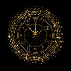 Shiny vintage gold clock face with glitters . Golden elegant roman numerals clock isolated on black background. Realistic classical watch with dial and roman numbers. New year, christmas design - obrazy, fototapety, plakaty
