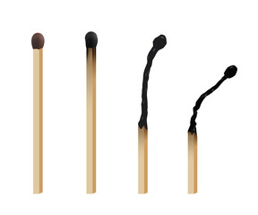 Match sticks with flame sequence set. Wooden match burning cycle. New, blazing, burned, blown out matchsticks. Realistic vector illustration on transparent background