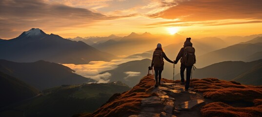 Active asia couple helping each other hike at sunrise, embracing adventure and fitness