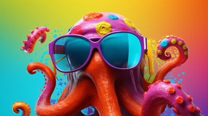 Funny octopus wearing sunglasses in studio
