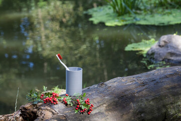 Obraz premium A toothbrush stands in a plastic cup on a fallen tree, against the backdrop of a picturesque river. Nearby lies a beautiful branch of mountain ash. An image about taking care of yourself in nature.