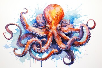 watercolor octopus art work of an octopus in the ocean - obrazy, fototapety, plakaty