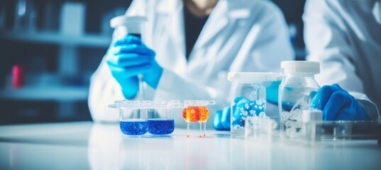 Fototapeta premium Female scientific research team conducting experiments with clear solution in laboratory